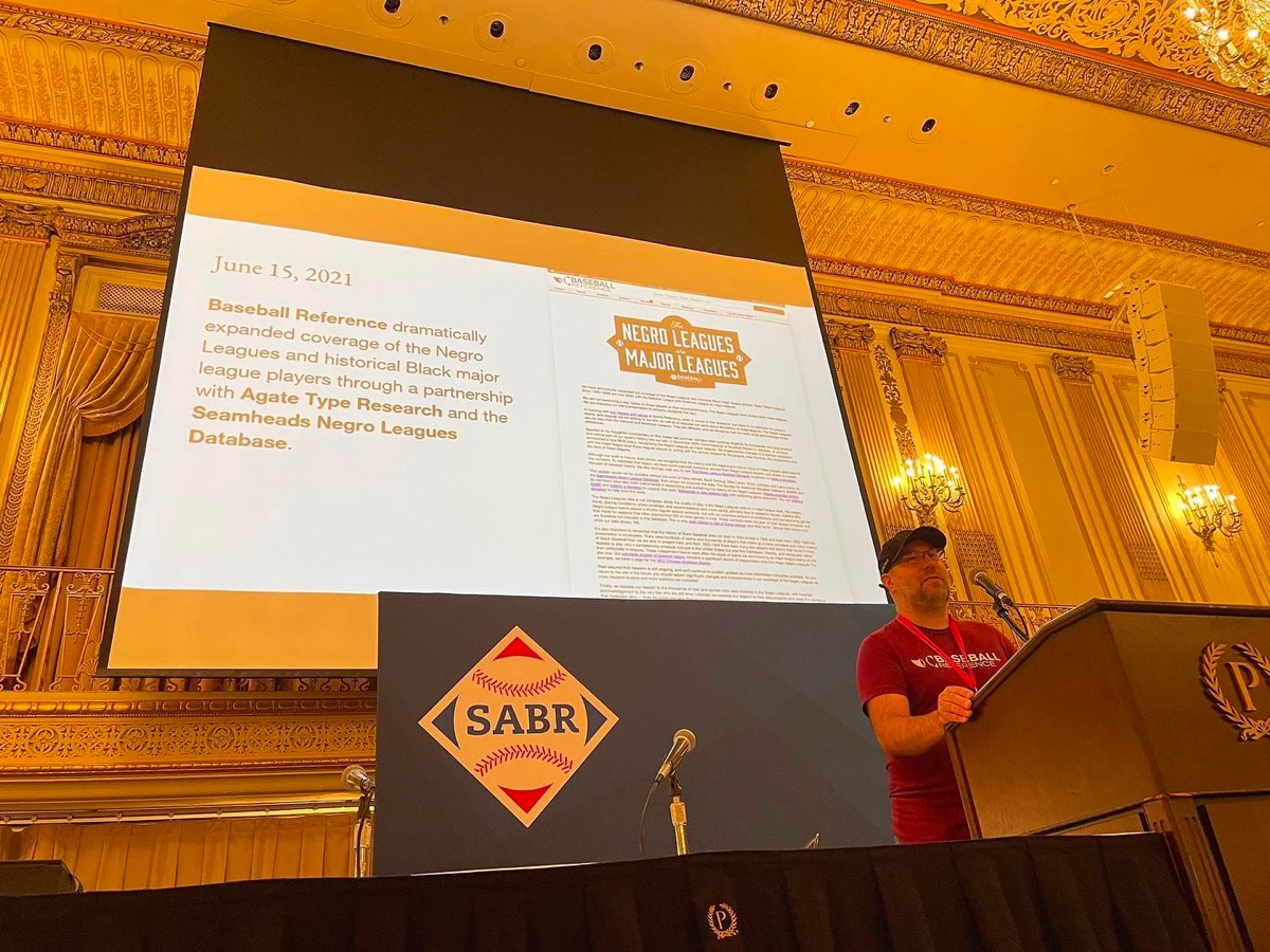 Adam Darowski speaking at SABR 51 in Chicago, 2023